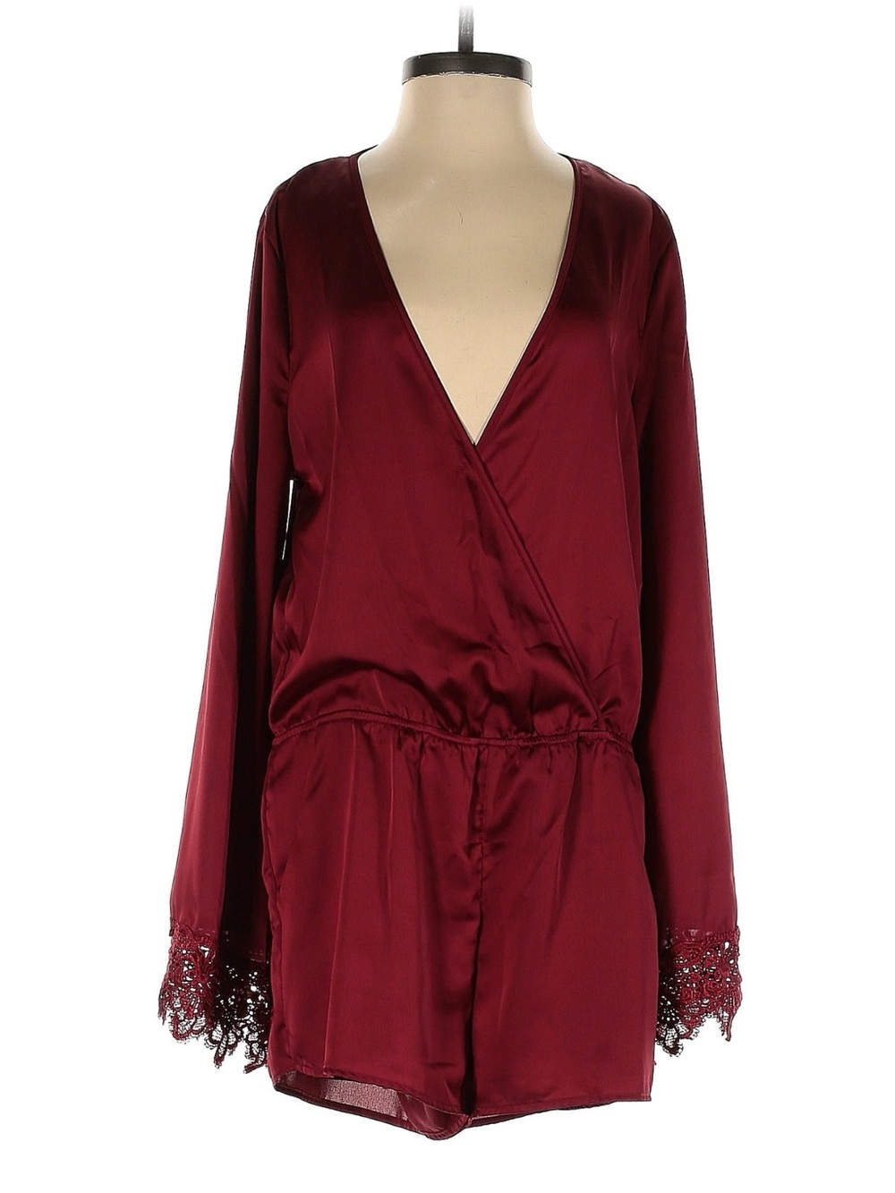 Silky Burgundy Lace-Trim Wrap Romper